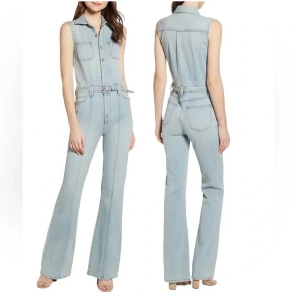 Current Elliott Zenith Washed Blue DenimWide Flare Sleeveless Belted Jumpsuit-M